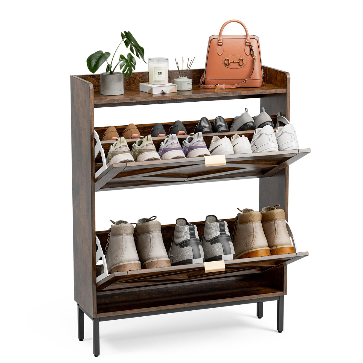 Entryway Shoe Storage Cabinet, Wooden Slim Organizer with 2 Hidden Drawers, Narrow Rack for Shoes, Flip Dresser for Entrance or Hallway, Space-Saving Storage Table, Rustic Brown HMFOR