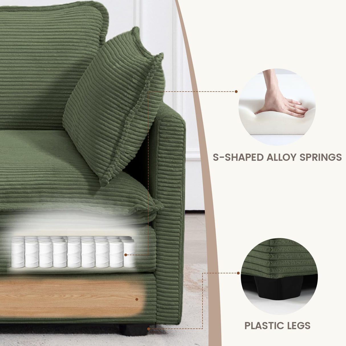 ROWHY Sectional 2 Seat Cloud Loveseat with 2 Throw Pillows, Modern Corduroy Love Seat Sleeper Bed, Convertible Cozy Sofa for Living Room and Office, Green ROWHY