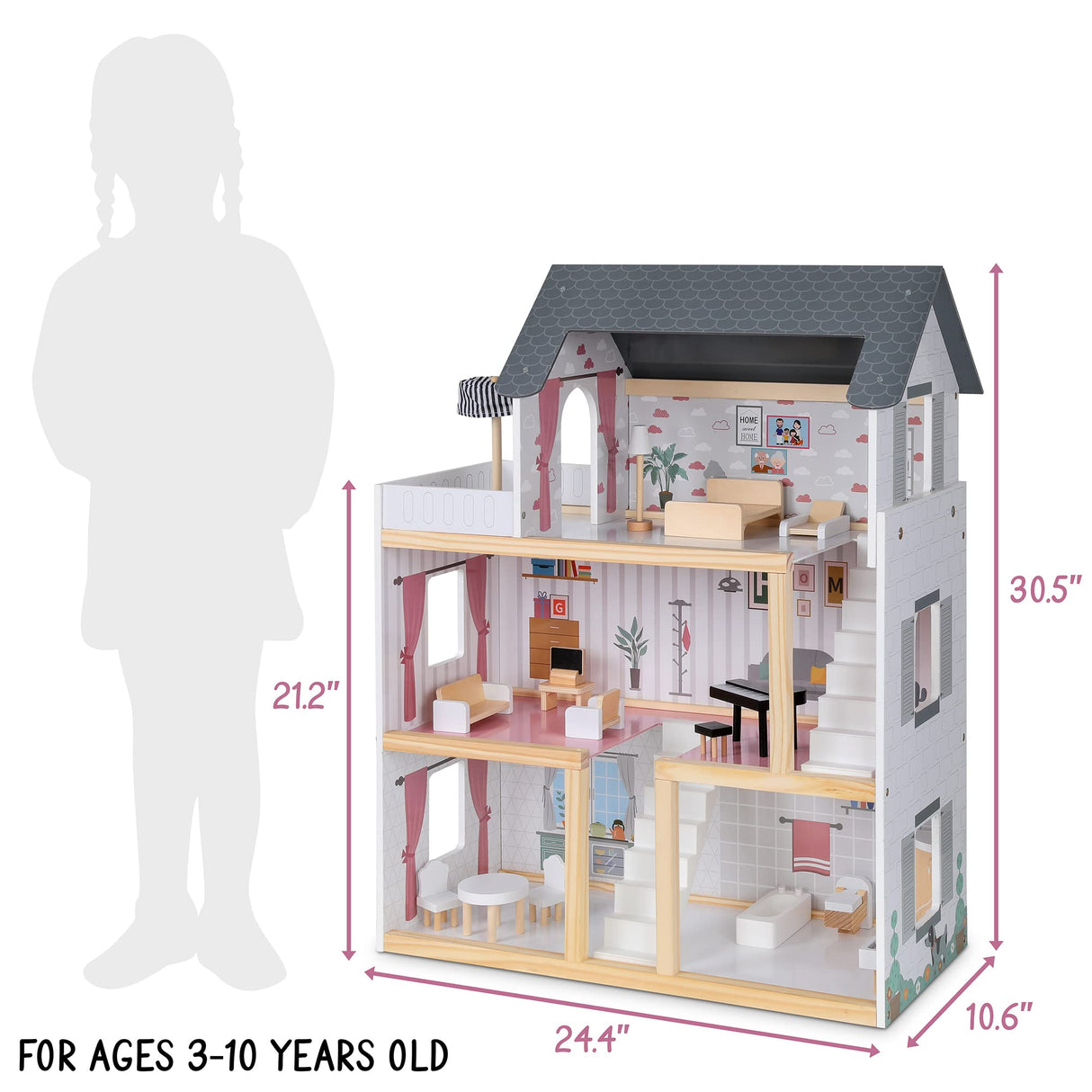Lil' Jumbl Jumbl Kids Wooden Dollhouse, 17-Piece Accessories & Furniture are Included, with Balcony & Stairs, 3 Story Easy to Assemble Doll House Toy Lil' Jumbl