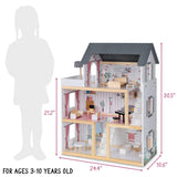 Lil' Jumbl Jumbl Kids Wooden Dollhouse, 17-Piece Accessories & Furniture are Included, with Balcony & Stairs, 3 Story Easy to Assemble Doll House Toy Lil' Jumbl