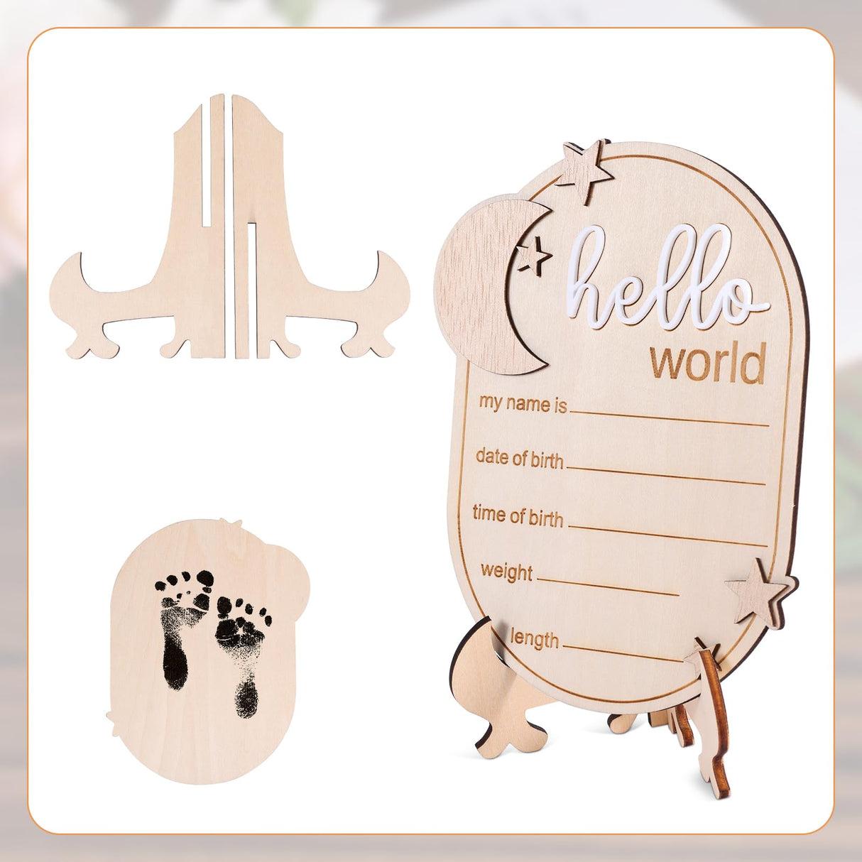 Baby Announcement Sign, 5.91x4.33 Inch Wooden Newborn Announcement Sign with Stand Wood Hello World Newborn Baby Name Sign Birth Announcement Sign for Home Hospital Nursery Gosknor