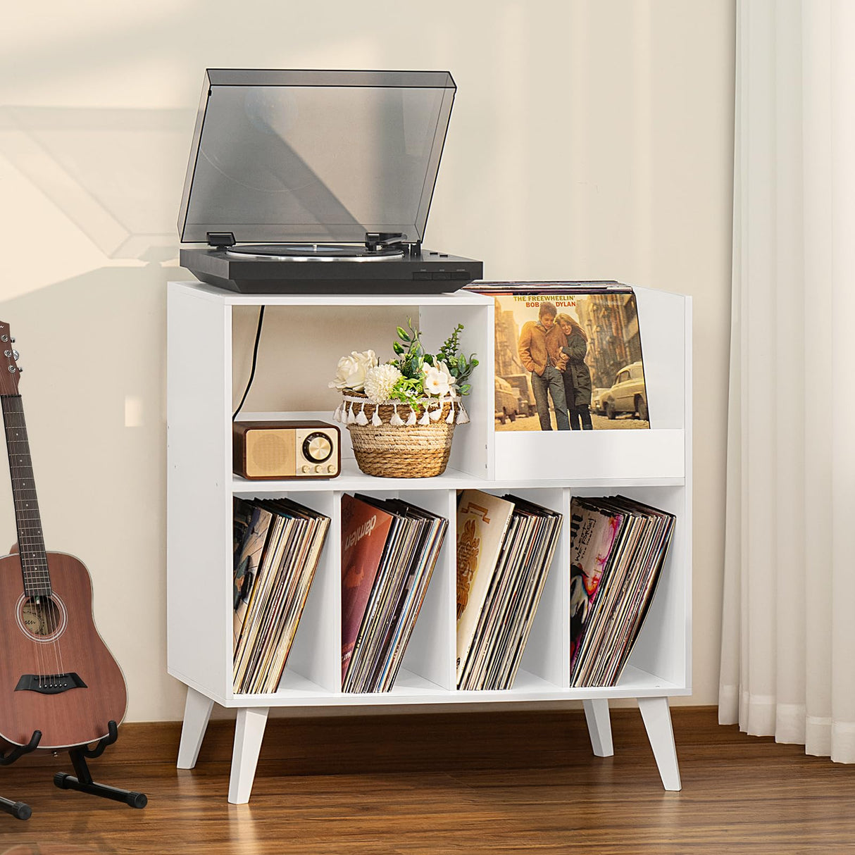 LELELINKY Large Record Player Stand, Turntable Stand with Storage, Vinyl Record Holder with Display Area, Record Player Table Holds Up to 300 Albums, Record Stand for Music room Living Room-White LELELINKY