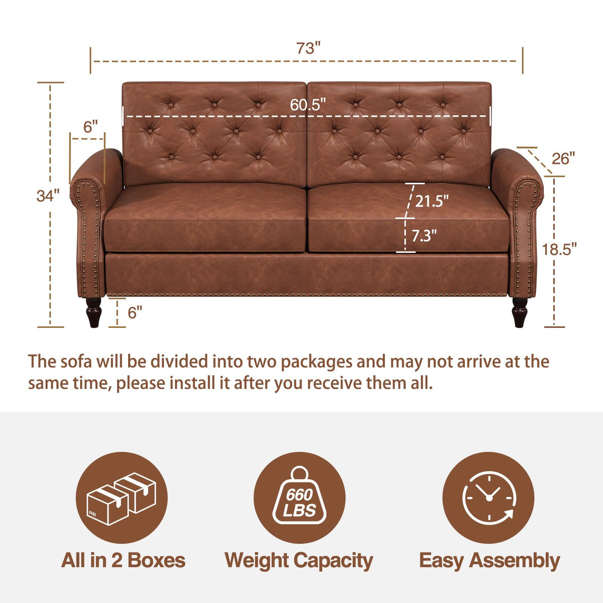 FiveWillowise Brown Couch, 73-inch Sofa Couch, Faux Leather Couch, Office Couch with Wooden Legs, Vintage Couch with Rolled Armrests, Mid Century Modern Couch for Living Room Small Apartment FiveWillowise