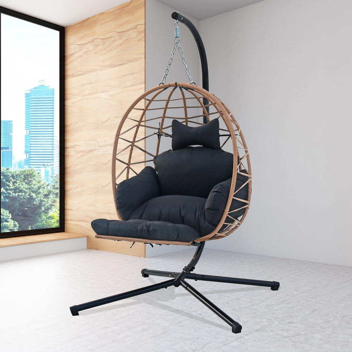 Hanging Egg Chair with Stand & Leg Rest,Rattan Wicker Swing Chair with Cushion, Patio Basket Hanging Chair Wicker Hammock Chair for Indoor Outdoor Bedroom Garden,300LBS (Yellow Rattan&Black Cushion) FKSLIFE