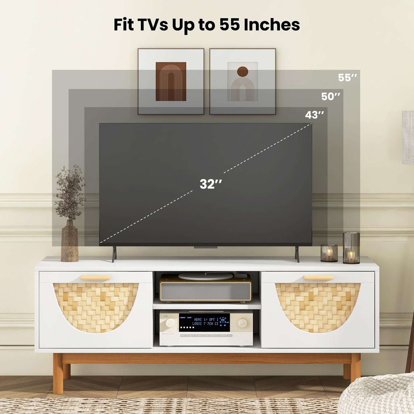 Tangkula TV Stand for 55 Inch TVs, Mid Century Modern Entertainment Center w/2 Drawers & Bamboo Woven Fronts, TV Console Table Media Cabinet w/Solid Wood Legs for Living Room (White, 47.5”, f - WoodArtSupply