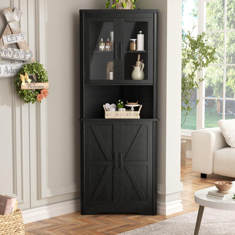 67''H Black Tall Farmhouse Corner Storage Cabinet with 4 Tempered Glass Doors and Barn Doors, Narrow Bathroom Cabinet with 5 Adjustable Shelves, Corner Hutch for Kitchen, Dining Living Room FiveWillowise