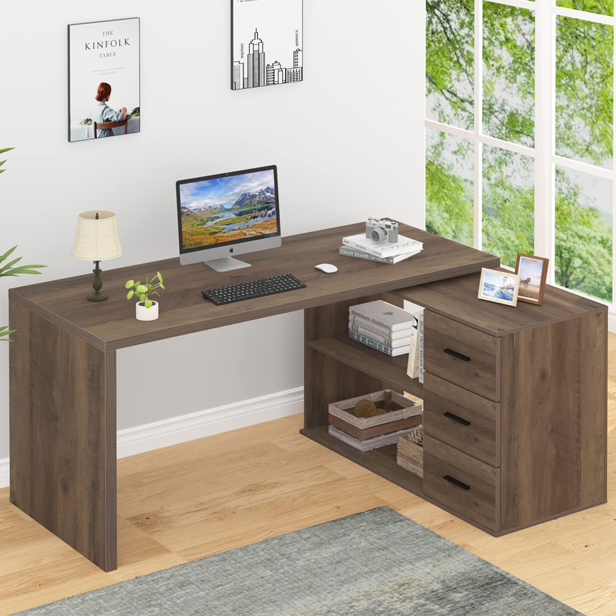 HSH L Shaped Desk with Storage Cabinet, Wood L Shape Desk with Drawers Shelf, Large Corner Computer Table in Home Office Bedroom, Industrial PC Desk for Executive Writing Work Study, Rustic Oak, 55 In HSH