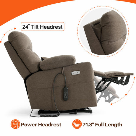 Infinite Position Power Lift Recliner Chair for Elderly with Adjustable Headrest, Lay Flat Recliner Chair for Adults W/Massage & Heat, Cup Holders, Tri-Motor Power Lift Chairs, Fabric,Brown BEDHOURS