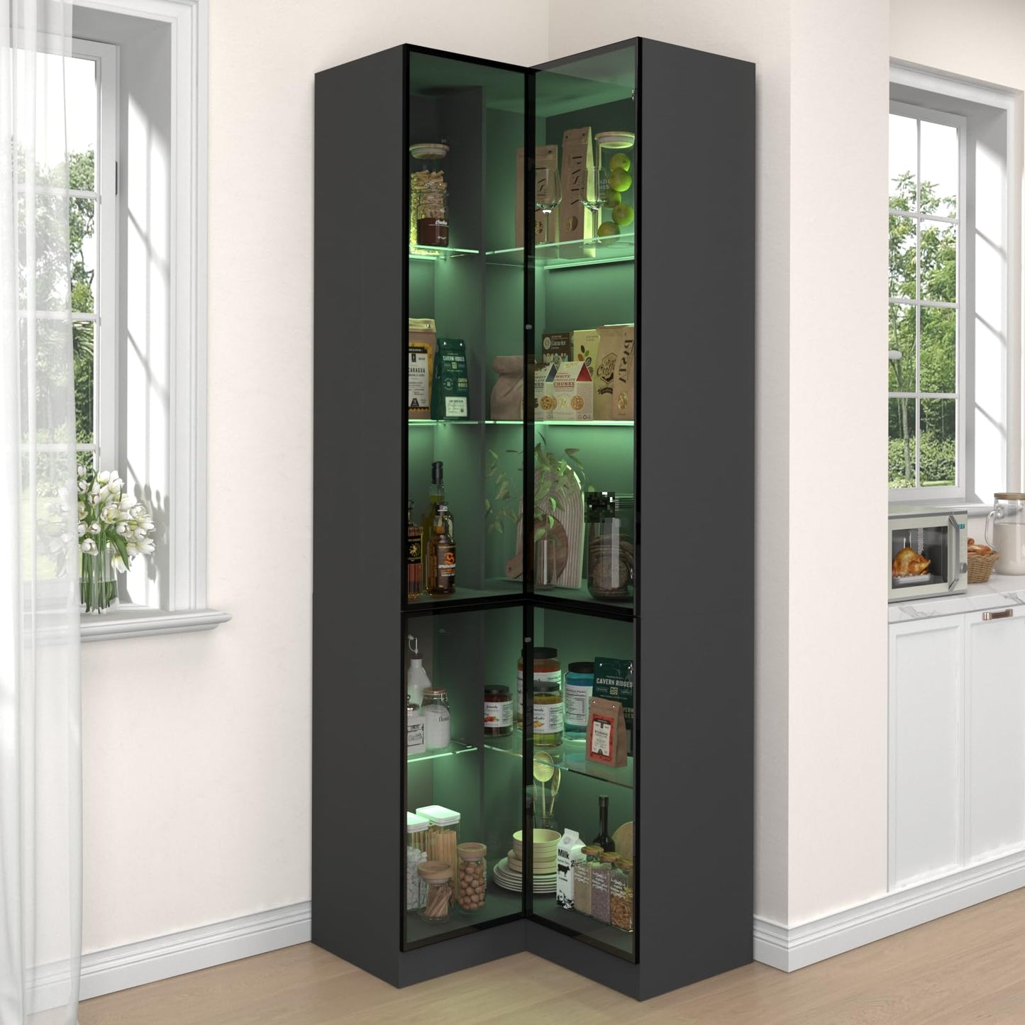 ZORPLIX L-Shaped Glass Display Cabinet with LED Lights, Corner Display Cabinet with 4 Glass Doors, Storage Cabinet with Adjustable Shelves, Curio Cabinet for Collectibles, Living Room