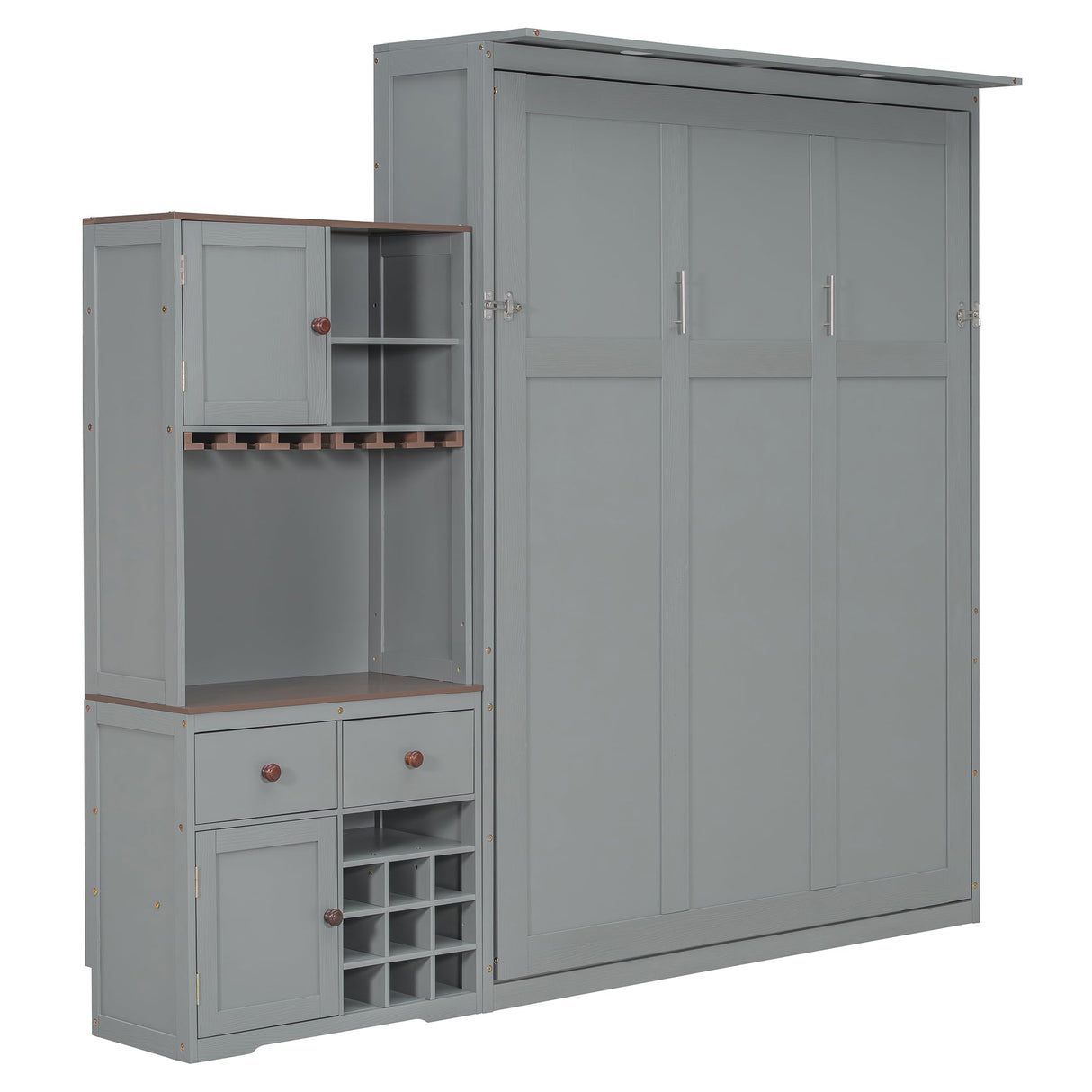 Queen Size Murphy Bed with Storage Cabinet, Wine Rack, Glass Holder, Drawers and Multi-Color LED Strip, Gray Bellemave