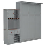 Queen Size Murphy Bed with Storage Cabinet, Wine Rack, Glass Holder, Drawers and Multi-Color LED Strip, Gray Bellemave