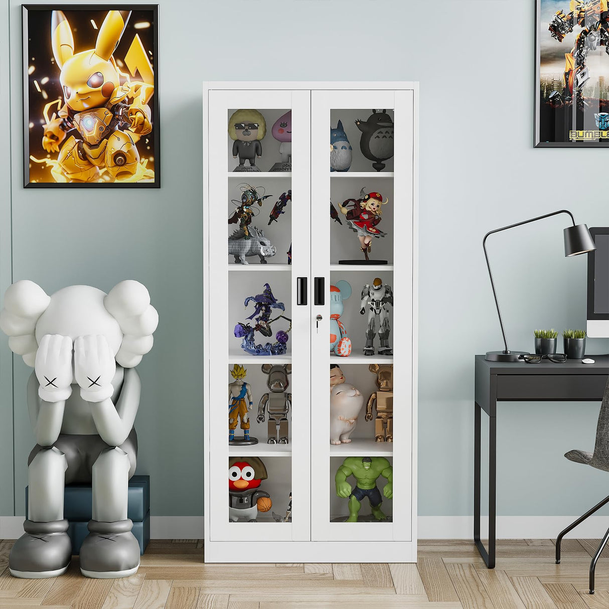 Anxxsu Display Cabinet with Glass Doors, Display Case Cabinet for Collectibles, Curio Display Cabinet with 4 Adjustable Shelves, 71" Glass Display Cabinet for Home Living Room (White) Anxxsu