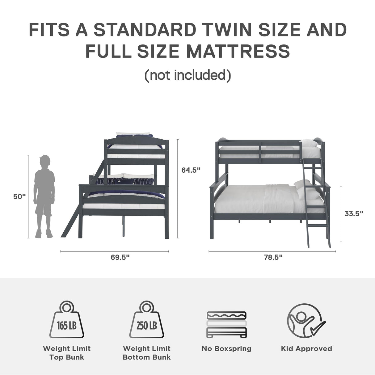 DHP Brady Wood Bunk Bed Frame, Twin over Full, Grey DHP