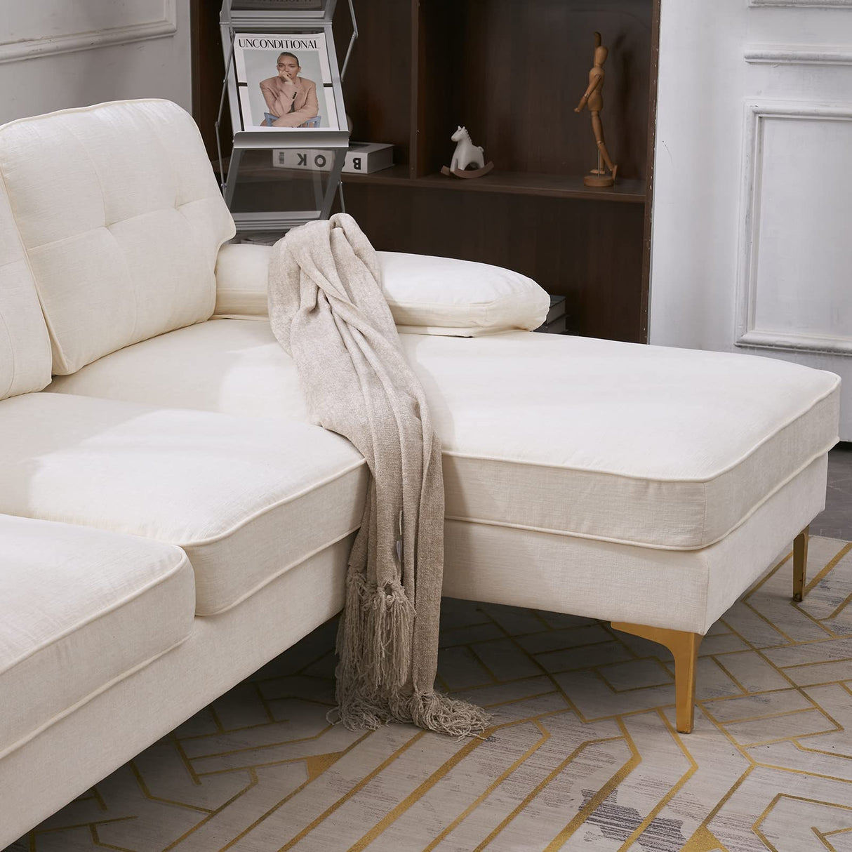 Karl home Sectional Sofa 83" L-Shape Sofa Couch 3-Seat Couch with Chaise ChenilleFabric Upholstered for Living Room, Apartment, Office, Creamy-White Karl home