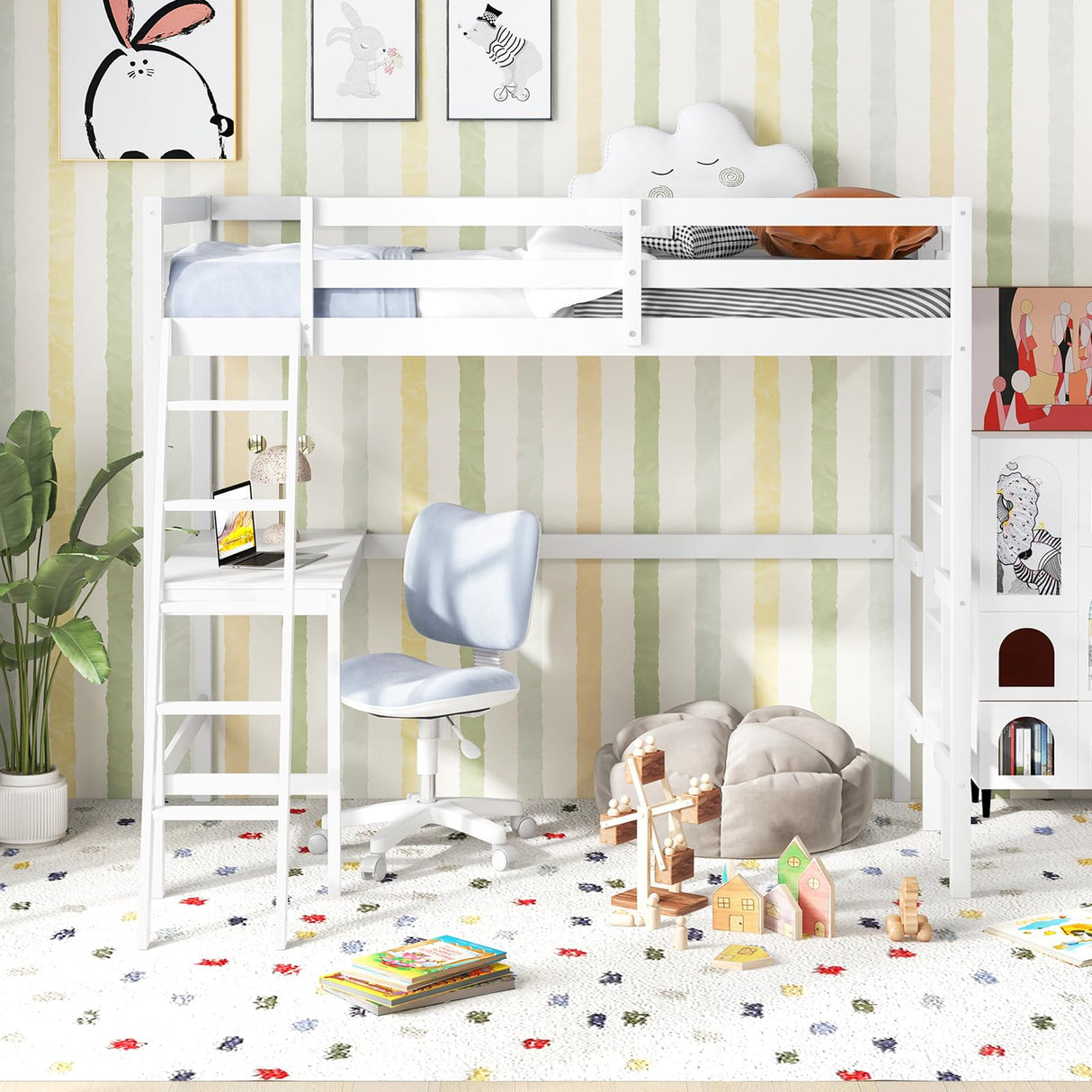 KOMFOTT Solid Wood Twin Loft Bed with Integrated Study Desk and Dual Ladders - Space-Saving Design for Teens and Adults (White) KOMFOTT