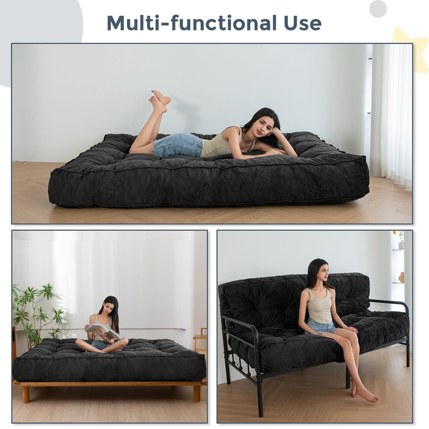 MAXYOYO 8" Futon Mattress Full Size, Extra Thick Futons Sofa Couch Bed, Velvet Floor Mattress for Adults, Shredded Foam Filling (Frame Not Included), Black