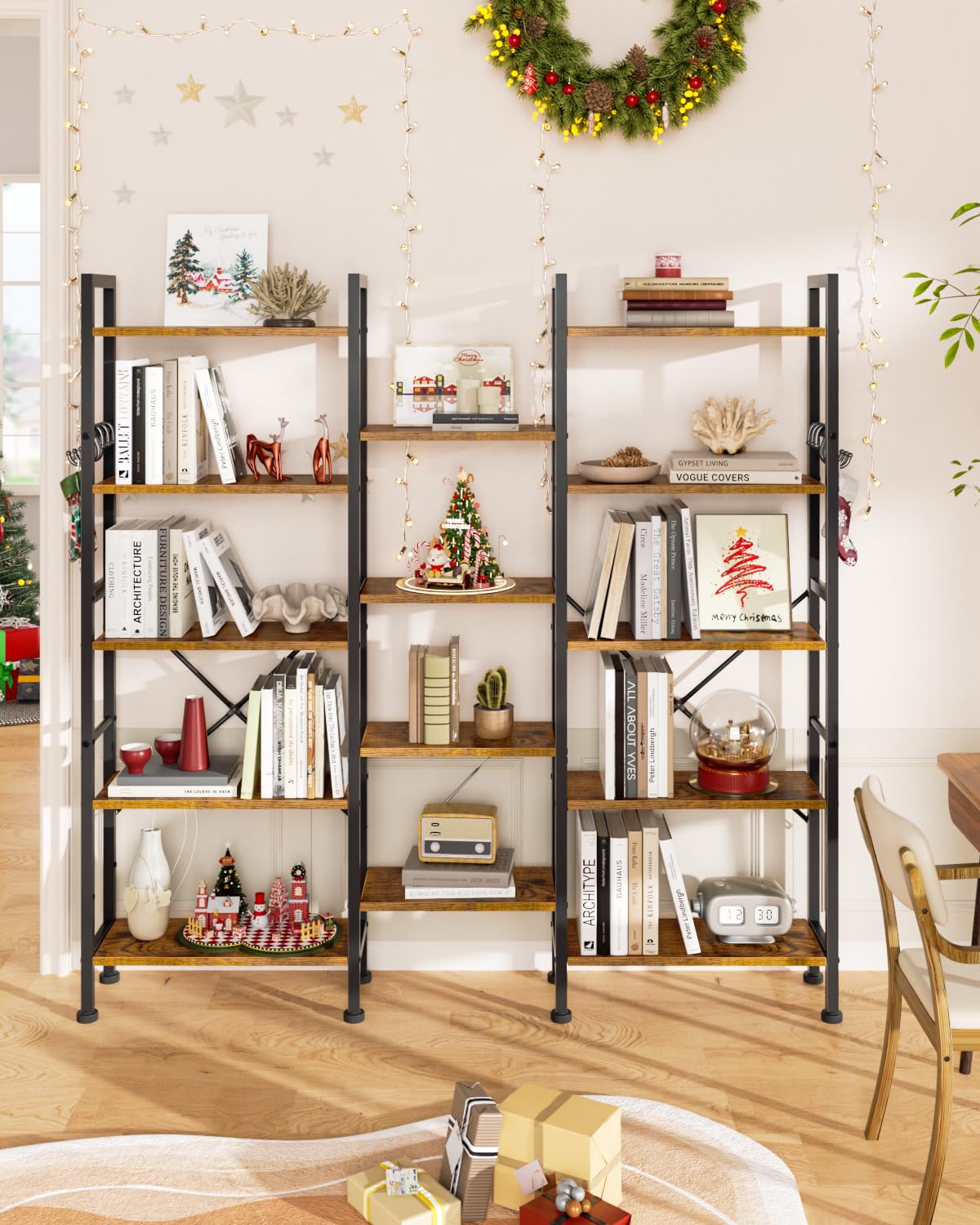Furologee Triple 5 Tier Bookshelf, Bookcase with 14 Open Display Shelves, Wide Etagere Book Shelf, Industrial Shelving Units for Home Office, Living Room, Bedroom, Rustic Brown Furologee