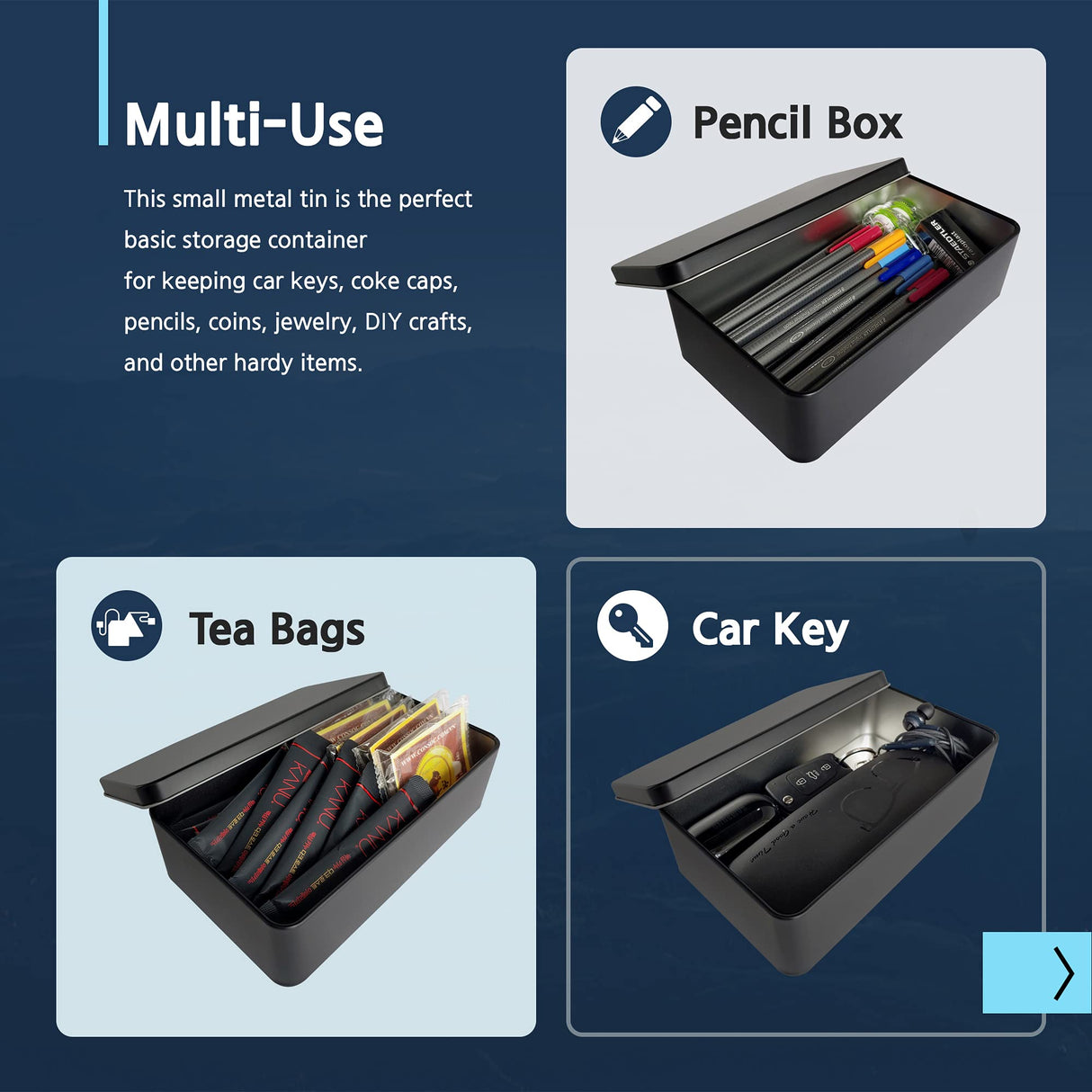 WEANOS Black Metal Tin Box Lids - Large Containers, Holder for Keeping Car Keys, Cookie, Pencil Case, 8.2 x 4.7 x 2.4 inch WEANOS