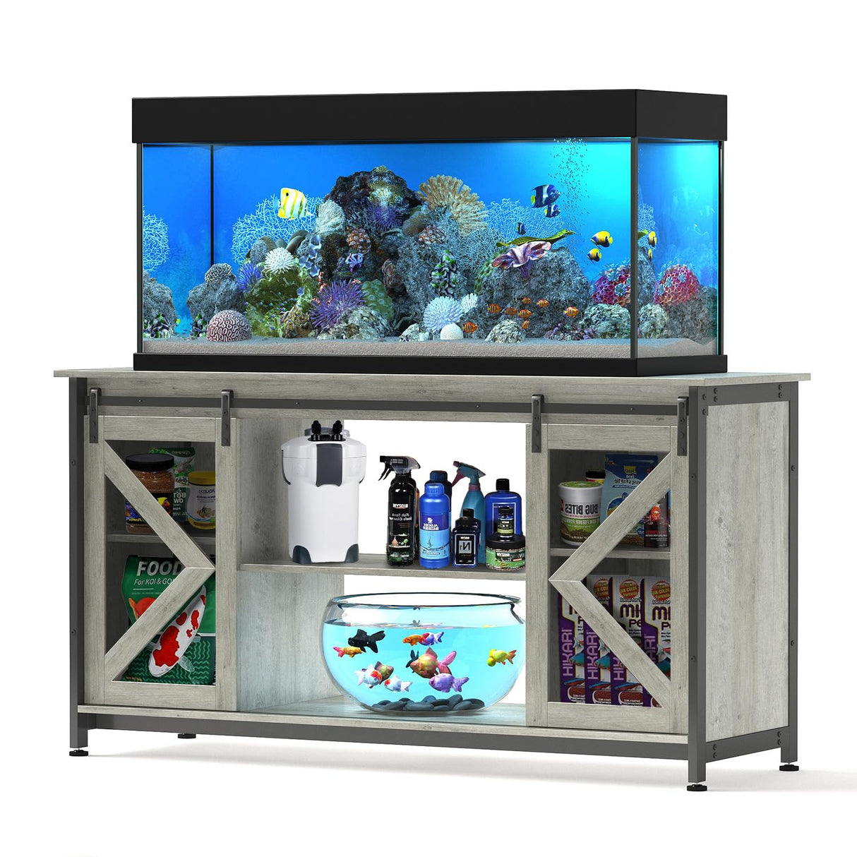 Tatub 75-90 Gallon Farmhouse Fish Tank Stand with Cabinet, Heavy Duty Metal Large Aquarium Stand for Accessories Storage, Reptile Tank Turtle Terrariums Table, 1000+ LBS Capacity, 58.9"x19.7"x32.6" H, Grey Tatub