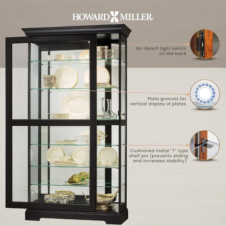 Howard Miller Tyler II Curio Cabinet - Modern Black Satin Storage Cabinet with Locking Glass Doors - Adjustable Shelves & Adjustable Levelers Perfect for Home Decor, Dining or Bedroom Display Howard Miller