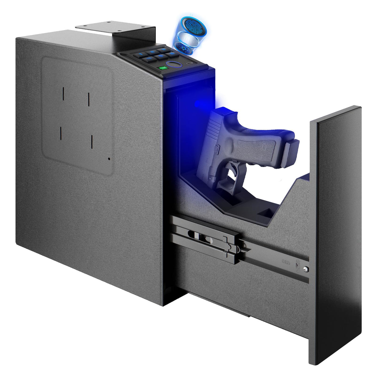 LotaTools Gun Safe, Biometric Pistol Safe Fingerprint Handgun Safe, Mounted Single Gun Safe for Handgun with 3 Ways Quick Access, Bedside Gun Safe for Nightstand, Bedroom, Desk, Wall, Dresser LotaTools