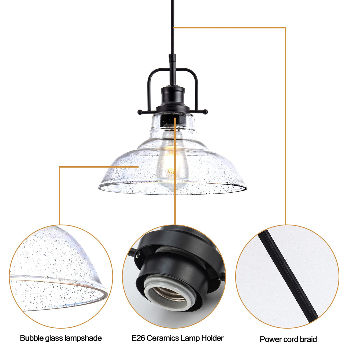 Zlepmlla Glass Pendant Light，Black Pendant Light Fixtures with Seeded Glass Shade, Adjustable Height Hanging Lights for Hallway, Kitchen Island, Dinning Room（Bulb not Included） Zlepmlla