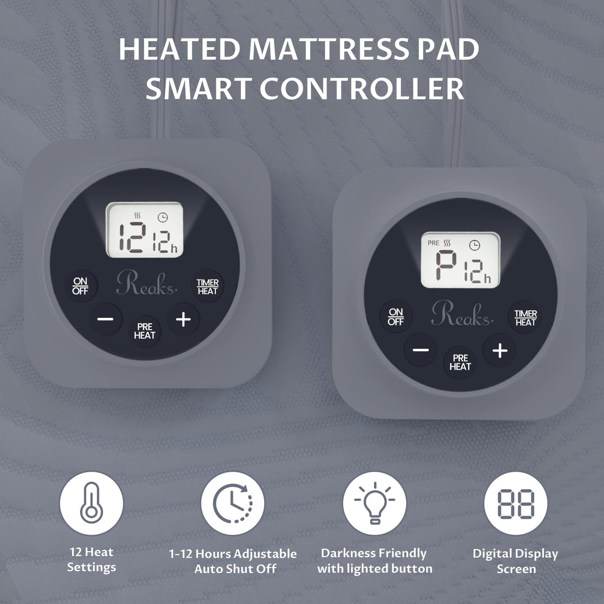 King Size Electric Heated Mattress Pad - Bed Warmer with Memory & Preheat Functions, 12 Heat Settings Dual Control for 1-12 Hours Auto Off, Lighted Button Reaks
