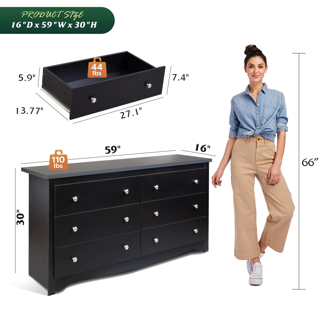 WLIVE Wood Black Dresser with 6 Drawer, Wide Chest of Drawers for Bedroom, Long Nightstand with Drawers, Modern Large Storage Tower Unit, Closet Store Organizer for Living Room WLIVE