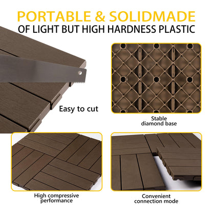 Famobay Plastic Interlocking Deck Tiles,Wood-Like Grain,Waterproof Outdoor Flooring All Weather Use, Patio Floor Decking Tiles for Porch Poolside Balcony Backyard(12"*12", Dark Coffee, 9)