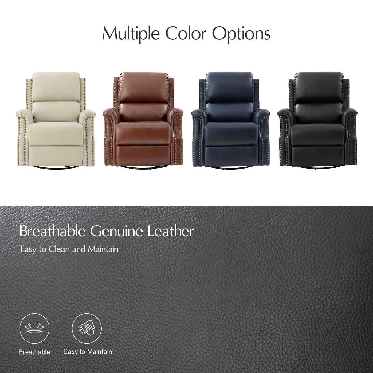 HULALA HOME Genuine Leather Recliner Chair, 360 Swivel Rocker Chair with Thick Seat, Classic Push Back Armchair with Backrest, Nailhead Trim, Black HULALA HOME