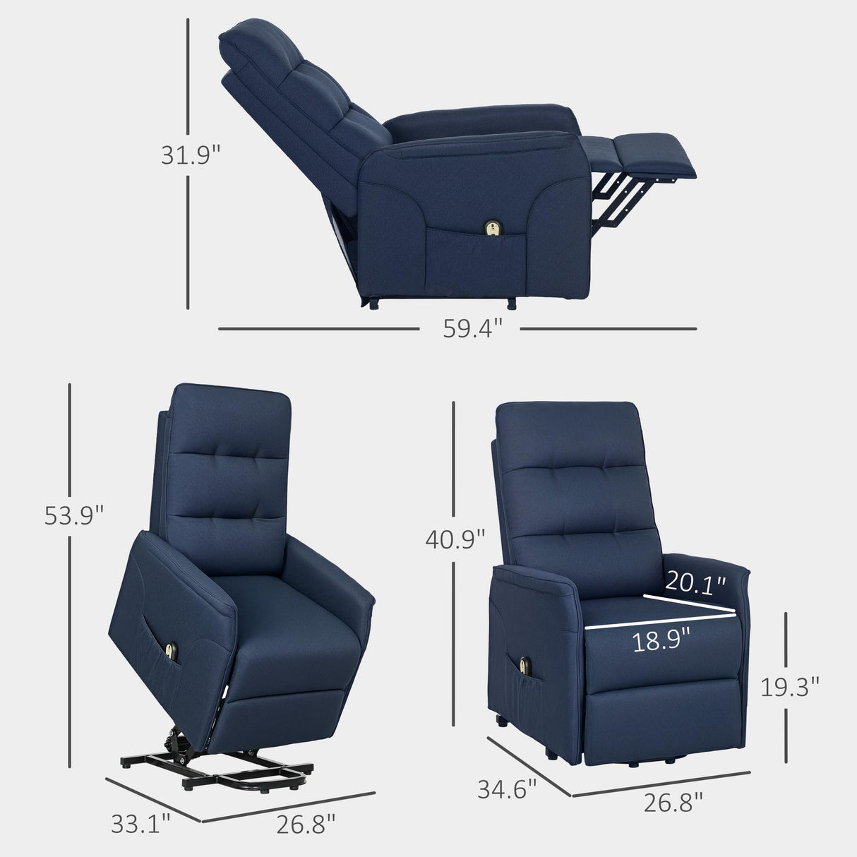 HOMCOM Power Lift Recliner Chair for Elderly, Fabric Lift Chair Sofa with Remote Control, Side Pockets, Pocket Spring, Tufted Back, Quick Assembly, Deep Blue HOMCOM