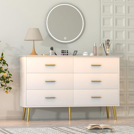 Boonatu White Dresser for Bedroom with 6 Drawers, White Dresser, Wood Dressers Chest of Drawers with Gold Handles, Modern LED Bedroom Dresser with Drawers for Closet Hallway, Living Room, White Boonatu