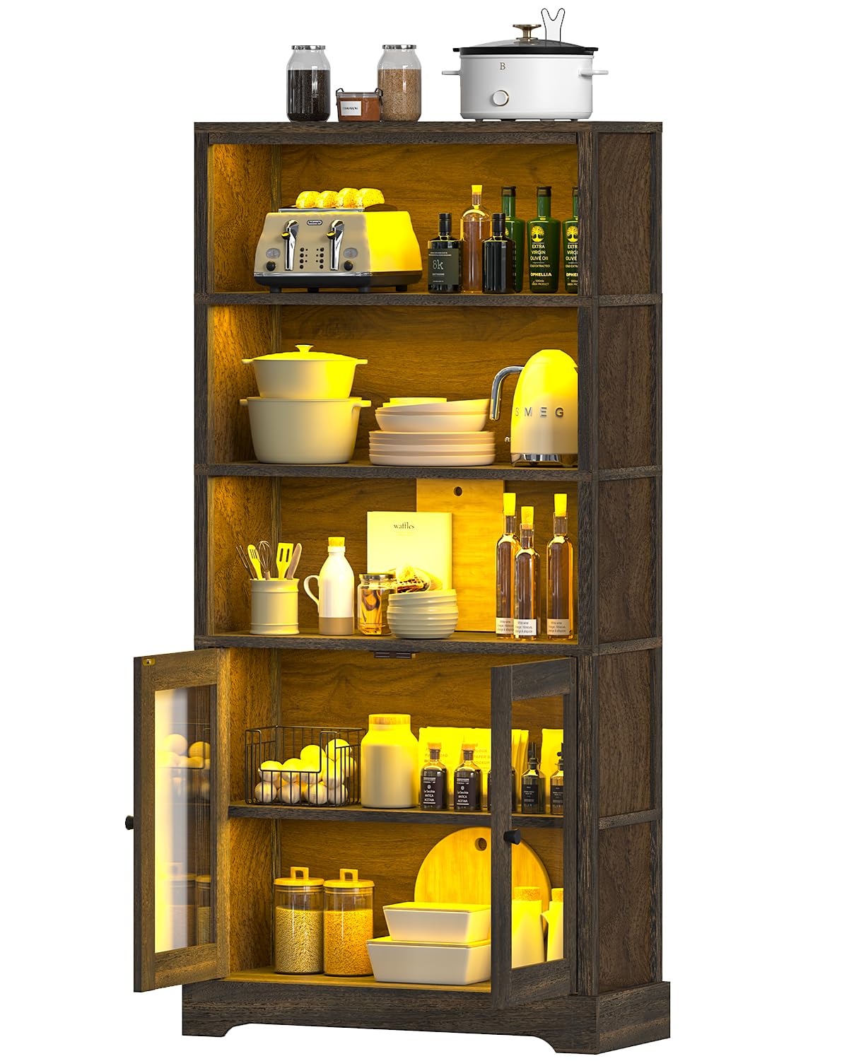 TVU 5-Tier Bookcase with Cabinet & LED, Wood 65 Inch Tall Bookshelf with Storage, Floor Standing Display Book Shelf for Living Room, Office, Study, Entryway (Rustic Brown) TVU