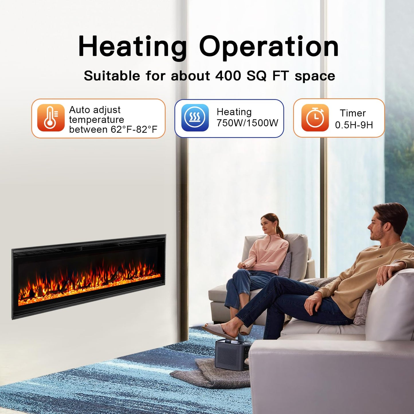 TUAN 60 inch Electric Fireplace Inserts, Ultra Thin Wall Mounted Fireplace with Remote Control, Multicolor Realistic Flame, Touch Screen, Thermostat, Timer, 750w/1500w (Log & Crystal Included) (60")