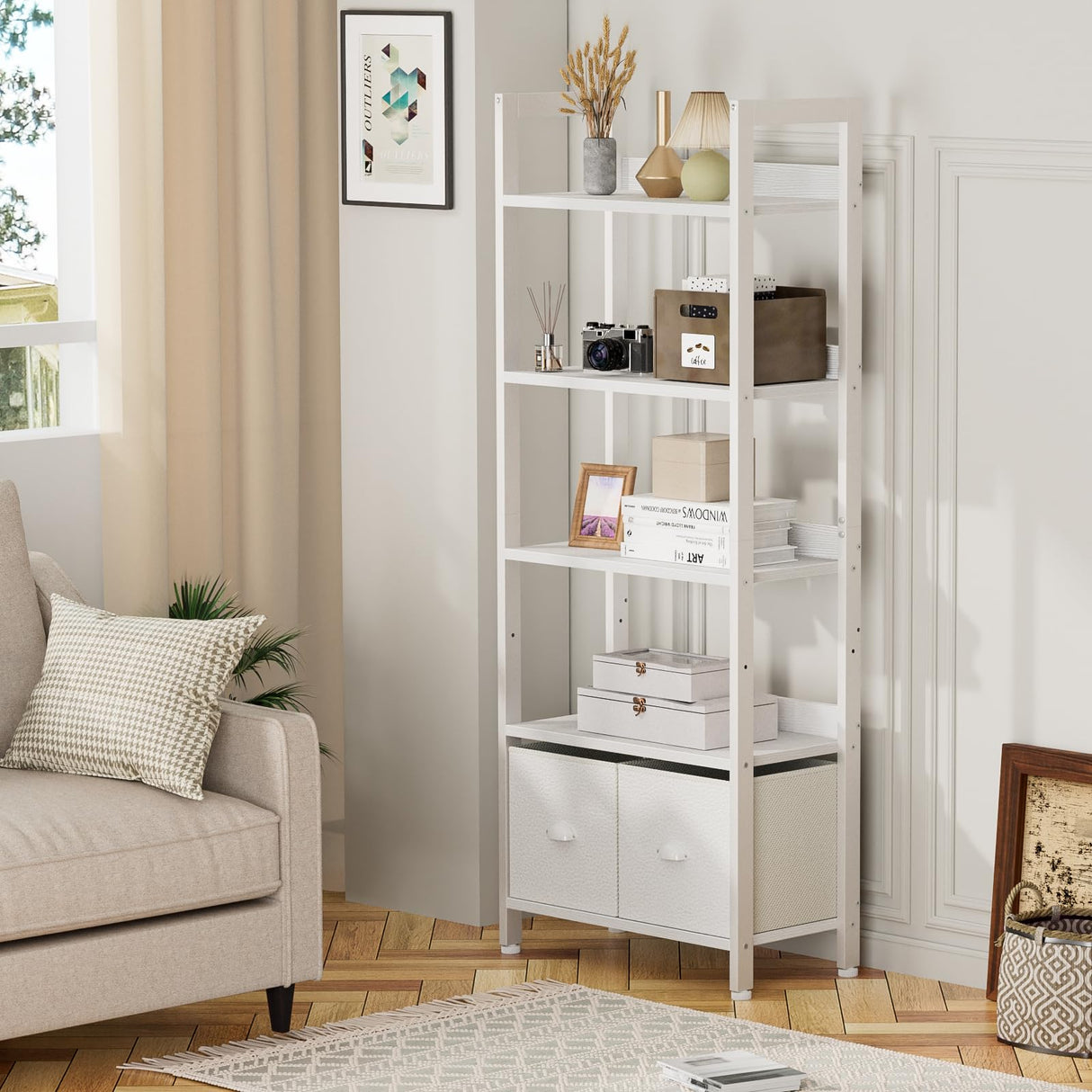 Furologee 5 Tier Bookshelf with Drawers, White Tall Bookcase with Shelves, Wood and Metal Book Shelf Storage Organizer, Modern Display Free Standing Shelf Unit for Bedroom, Living Room, Office Furologee