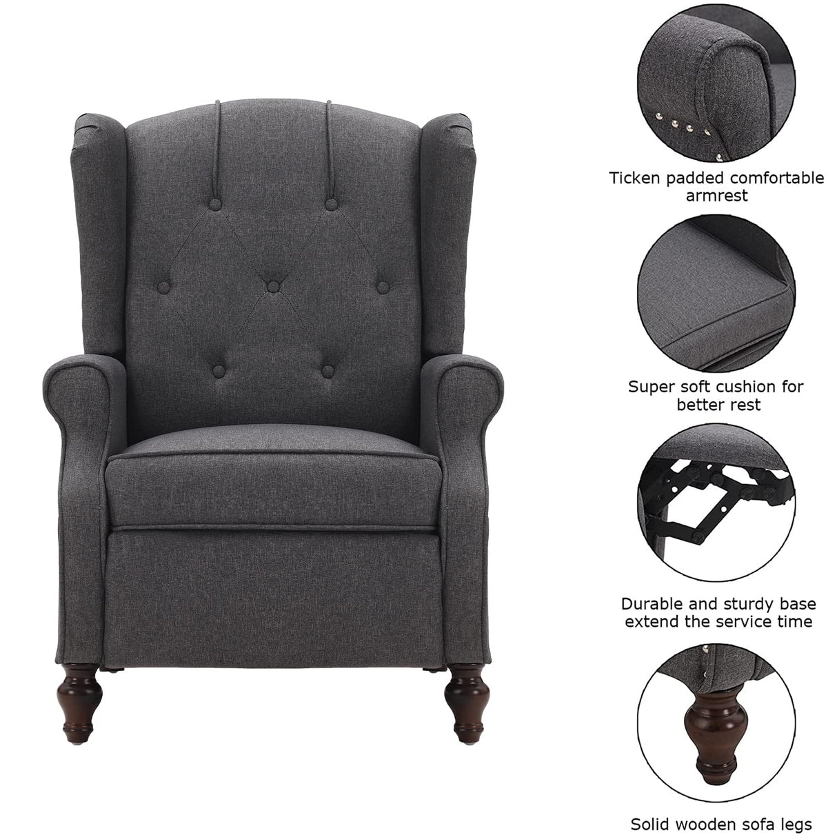 B BAIJIAWEI Tufted Wingback Recliner - Massage & Heat Function - Fabric Push Back Recliner with Remote Control, Adjustable Backrest (Grey) B BAIJIAWEI