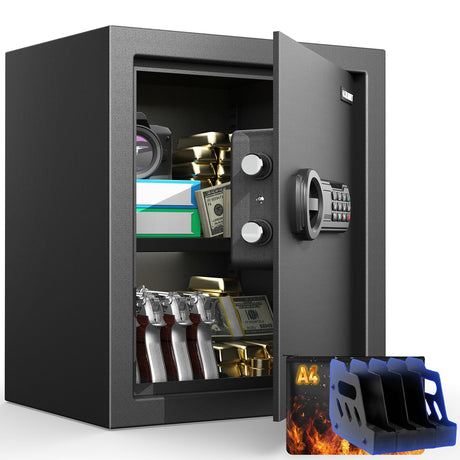 2.3 Cu.Ft Modern Fireproof Safe with Gun Rack – Dual Passwords, Fireproof Bag, Adjustable Shelf, Anti-Scratch Mat & Mounting Kit, Fits Laptop, Documents & Valuables, 15.75"D x 13.78"W x 13.78"H GOLDENKEY