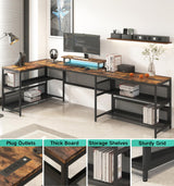 U Shaped Desk with Power Outlets & LED Lights, 82" L Shaped Computer Gaming Desk with Shelves, Corner Desk Office Desk with Monitor Stand & Storage Shelves Large Home Office Desk, Rustic Brown HD BUILT