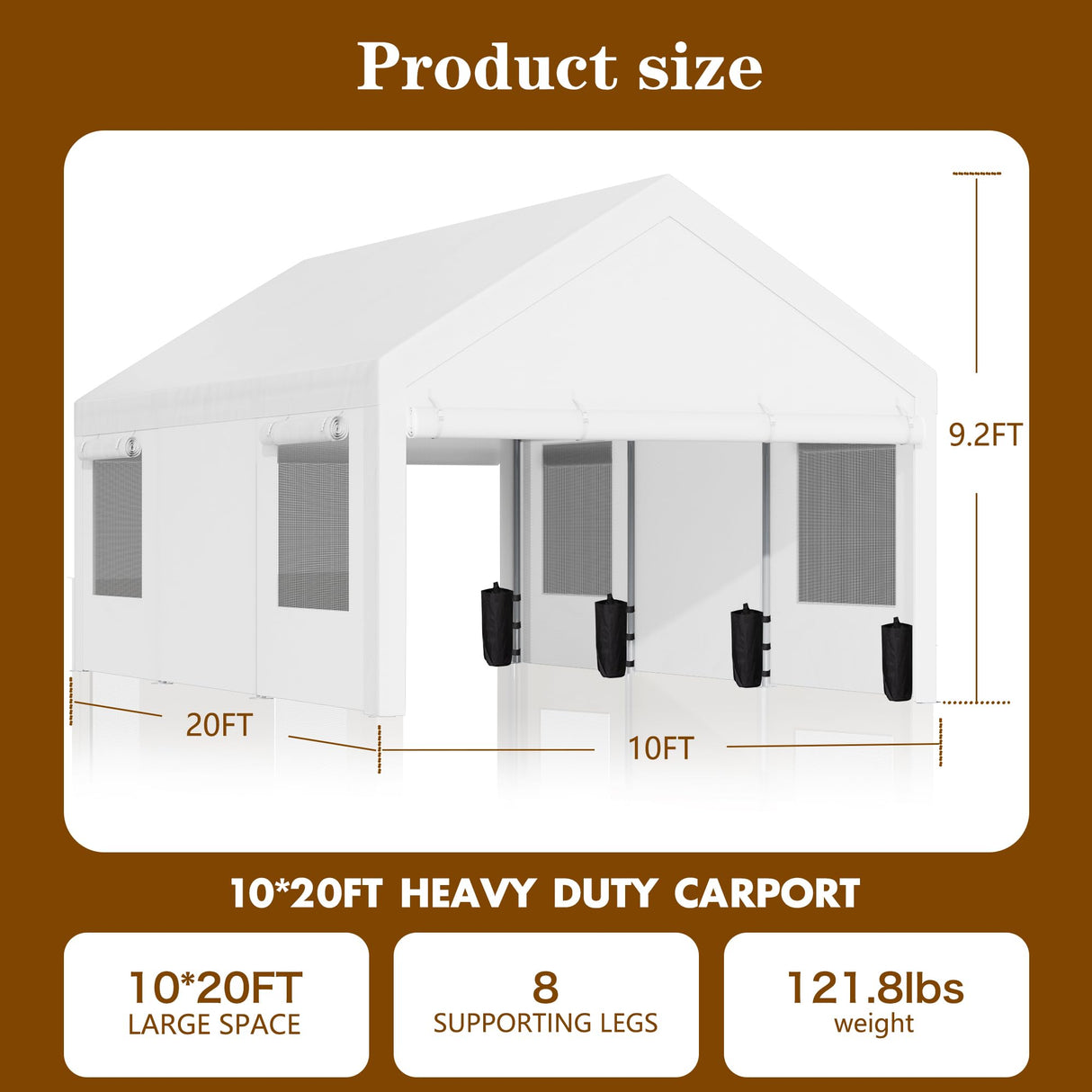 Walsunny Carport 10x20ft Heavy Duty Carport Canopy with Roll-up Ventilated Windows, Portable Garage with Removable Sidewalls, Car Canopy with All-Season Tarp for Car, SUV, Truck, Boat Walsunny