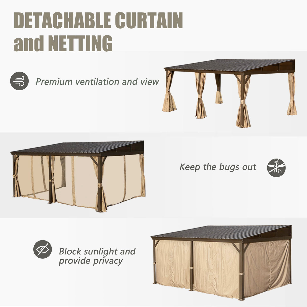 Domi 12x16FT Wall Mounted Gazebo Aluminum Frame, Lean to Gazebo Hardtop with Galvanized Steel Sloping Roof, Curtains and Netting for Patio Deck Backyard Lawn Party domi outdoor living