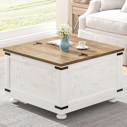 Farmhouse Lift Top Coffee Table with Storage, White Coffee Table with Hydraulic Gas Rod, Large Coffee Table with Wood Gourd Feet, Square Coffee Table with Large Hidden Storage for Living Room - WoodArtSupply