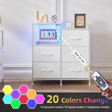 Somdot White Nightstand with Charging Station and LED Light, Wide 5 Drawers Dresser for Bedroom with Fabric Bins and Open Shelf for Bedroom Kids Closet Dorm Guest Room, White Leather Somdot