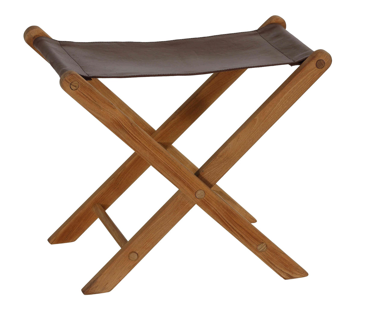 Bare Decor Davie Teak and Leather Folding Accent Stool, 18", Saddle Brown Bare Decor