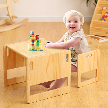 FUNLIO Montessori Weaning Table and Chair Set for Toddlers Age 1-3, Height Adjustable Toddler Table and Chair Set, Cube Kids Table Chair for Reading/Eating/Playing, Easy to Assemble, CPC Certified FUNLIO