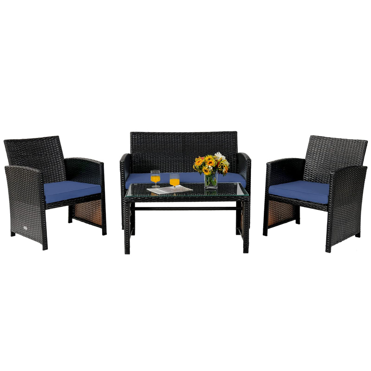 Tangkula 4 Pieces Rattan Furniture Set, Outdoor Conversation Set w/Chair & Loveseat & Tempered Glass Coffee Table, Suitable for Garden, Backyard, Poolside, Patio Furniture Set for 4 (1, Blue) Tangkula