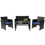 Tangkula 4 Pieces Rattan Furniture Set, Outdoor Conversation Set w/Chair & Loveseat & Tempered Glass Coffee Table, Suitable for Garden, Backyard, Poolside, Patio Furniture Set for 4 (1, Blue) Tangkula