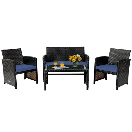 Tangkula 4 Pieces Rattan Furniture Set, Outdoor Conversation Set w/Chair & Loveseat & Tempered Glass Coffee Table, Suitable for Garden, Backyard, Poolside, Patio Furniture Set for 4 (1, Blue) Tangkula