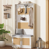 HOVANESTY Hall Tree with Bench and Shoe Storage, 5-in-1 Entryway Bench with Coat Rack, Padded Seat Cushion, 7 Tri-Hooks, Adjustable Shelf, Farmhouse Boho Furniture Organizer for Hallway, Rustic White HOVANESTY
