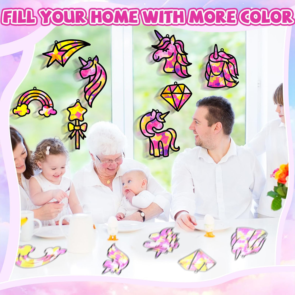 QOUBAI 32 Sets Unicorn Rainbow Suncatchers Craft Kit DIY Window Stained Glass Effect Diamond Star bow Paper Crafts Home School Classroom Decoration Kid Birthday Gift Creative Art Project Activity Game QOUBAI