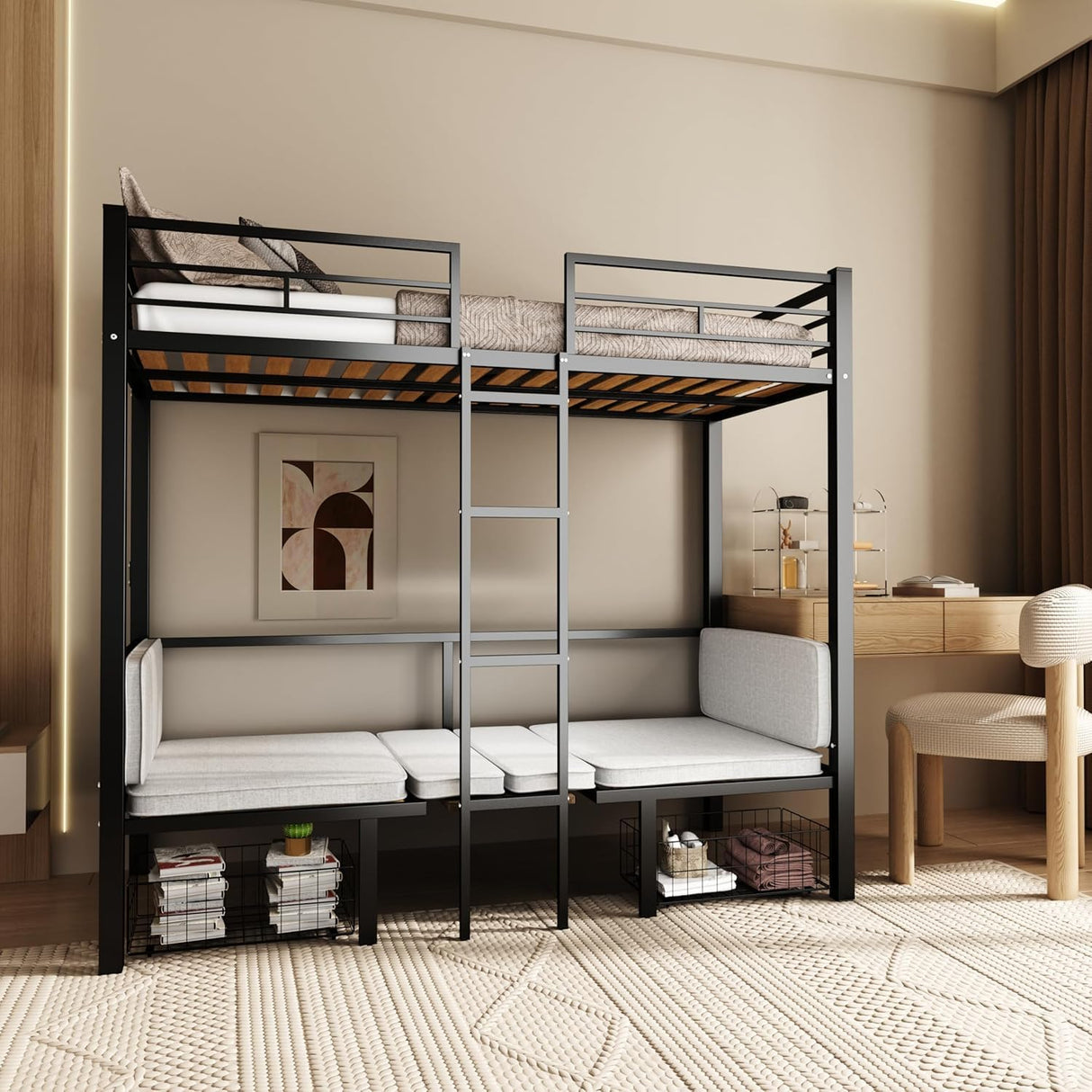 UOCFYK Full Size Loft Bed with with Desk, Convertible Bunk Bed Frame for Kids Bedroom w/Wood Slats Support & Guardrail & Ladders & Drawers, No Box Spring Needed, Black (Cushion not Included) UOCFYK